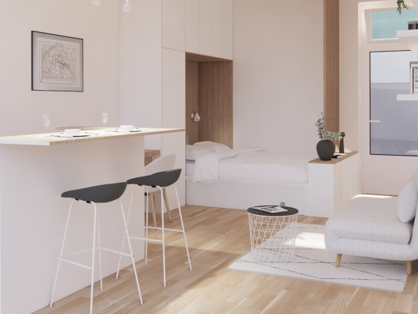Inviting Scandinavian interior showcasing a functional open-plan layout with a gentle color palette, combining a living space with a sleeping area. The design features a light wood dining bar, modern minimalist furniture, and soft ambient lighting.