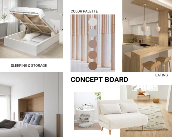 Interior design concept board showcasing a unified color palette and versatile furniture solutions for modern living spaces, including a storage-integrated bed, a minimalist kitchen, and a cozy lounge area. Explore the possibilities of modern interior design with this versatile concept board, which brings together a cohesive color palette and functional furniture solutions designed to optimize contemporary living spaces. The board features a variety of elements tailored for urban lifestyles: a bed with integrated storage maximizing space efficiency, a minimalist kitchen setup emphasizing clean lines and usability, and a relaxing lounge area with a comfortable, plush sofa set against a neutral, textured rug. Each image is meticulously selected to inspire viewers, offering practical yet stylish solutions for sleeping, storage, and dining needs. This concept board is perfect for interior designers, home renovators, and decor enthusiasts looking to create or transform their spaces with efficiency and style.