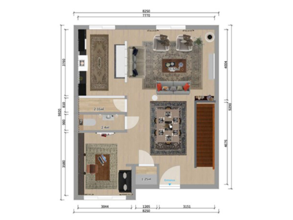 Comprehensive floor plan of a residential apartment showing detailed zoned areas including a living room, dining area, bedrooms, and bathrooms, annotated with precise measurements. Explore this detailed floor plan of a residential apartment, meticulously designed to maximize space and functionality. The plan illustrates various zoned areas including a cozy living room with a sectional sofa and entertainment center, a formal dining area with a large table for six, and multiple bedrooms each designed for privacy and comfort. The kitchen is efficiently laid out near the dining space, facilitating easy meal preparation and serving. Each room is annotated with precise measurements, allowing for an understanding of the spatial distribution and furniture layout. The inclusion of multiple bathrooms ensures convenience for residents and guests alike. This floor plan is ideal for architects, interior designers, or potential homeowners looking for a comprehensive layout that combines practical living with aesthetic appeal.