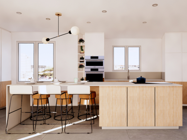 Contemporary kitchen with light wood cabinetry, a central island with bar stools, and large windows providing a scenic city view, highlighted by a modern three-bulb pendant light. Step into this stylish and bright modern kitchen, designed with functionality and aesthetics in mind. The space features light wood cabinetry that provides a warm and inviting atmosphere, complemented by a central island with sleek white countertops and stylish bar stools for casual dining or morning coffee. Large windows frame the kitchen, offering expansive views of the cityscape and flooding the room with natural light. Above the island, a modern three-bulb pendant light adds a touch of sophistication and ensures ample lighting. This kitchen is a perfect blend of modern design and practicality, ideal for those who love to cook in a beautiful and well-organized space. The design also emphasizes open-concept living, making it a great choice for entertaining or family gatherings.