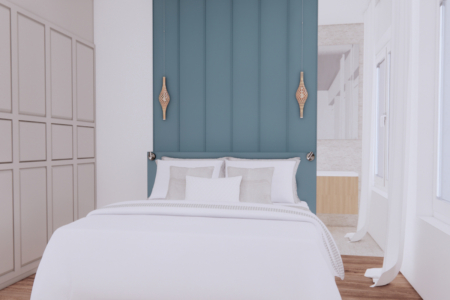 Modern minimalist bedroom featuring a white bed with crisp linens, a teal accent wall with unique wooden wall sconces, and large white wardrobe doors. This image captures a serene and modern bedroom design that blends minimalist aesthetics with subtle color accents. The focal point is a striking teal accent wall, which provides a deep contrast to the otherwise white and bright room. Two wooden wall sconces hang on either side of the bed, offering a touch of organic texture and warm lighting. The bed itself is dressed in pristine white linens, embodying simplicity and elegance. To the left, large white wardrobe doors suggest ample storage, maintaining the room's clean and uncluttered feel. This bedroom design is perfect for those who appreciate a calm, minimalist environment with a dash of color to add character and warmth."