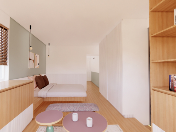 Interior view of a minimalistic bedroom with wooden accents, a study area, and ample natural light. The photograph showcases a serene and minimalistic bedroom that cleverly integrates a study area, optimizing the use of space. Wooden accents provide warmth to the room, while the crisp white walls and light flooring keep the atmosphere bright and airy. The large window with wooden blinds allows for controlled natural light, adding to the room's tranquility. The bedside pendant lights offer a modern touch, and the strategically placed artwork brings a subtle splash of color. To the right, a sleek shelving unit houses a curated selection of books, blending functionality with design. This space is a testament to minimalist living where every element serves a purpose without compromising on style or comfort.