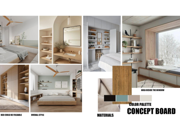 A concept board with six interior design images featuring serene bedrooms, integrated storage solutions, and a nature-inspired color palette. This concept board showcases a serene and harmonious bedroom design scheme that draws inspiration from natural elements. The images present a cohesive aesthetic of calming neutrals, wooden textures, and minimalist design principles. A gentle color palette of creams, beiges, and soft grays, along with materials like warm wood and subtle fabrics, create a tranquil ambiance. The inclusion of custom shelving and smartly-designed nooks highlights functionality without compromising on style. The board reflects an overall theme of a restful retreat, embracing simplicity, light, and a connection to the outdoors.