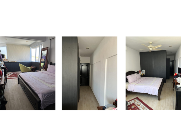 Collage of three images showing different angles of a bedroom before interior design changes. The series of images captures a bedroom in its original state before undergoing a design transformation. The room exhibits a practical setup with essential furniture, including a bed and a seating area, accompanied by natural light streaming through the windows. Ample floor space and a clean, neutral palette suggest a blank canvas awaiting creative enhancements. This pre-renovation snapshot is a reminder of the potential that lies in unadorned spaces, ready to be tailored into personalized sanctuaries through the art of interior design.