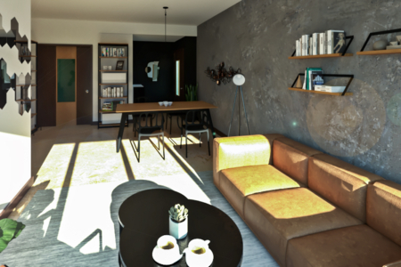 A contemporary living space with an industrial design, featuring textured concrete walls, warm leather couch, and black minimalist furniture. This modern living area marries the raw appeal of industrial chic with cozy comforts. Textured concrete walls serve as a dramatic backdrop to the caramel hues of a plush leather sofa, which invites relaxation. The interplay of light and shadow through expansive windows adds dynamism to the room, highlighting the sleek, black round coffee table and minimalist shelves. A tripod floor lamp and an eclectic wall piece inject character, while strategically placed books and decor reflect a lived-in, personal touch. This space is designed not just for aesthetic pleasure but also to create a sanctuary for unwinding in the heart of an urban abode.