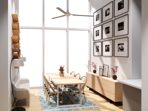 An elegantly appointed dining room with large windows, a unique bookshelf, and a gallery of black and white photography, creating a serene and inviting atmosphere. Step into this serene dining space where every meal becomes a moment to cherish. The vast windows draw in the skyline, acting as a living painting that changes with the time of day. A novel bookshelf climbs the wall, its unique design adding a sculptural element to the room. The dining table, with its clean lines and surrounded by chic chairs, promises comfort and style for intimate dinners or lively social gatherings. Above, a sleek ceiling fan pairs with the natural breeze to create an airy ambiance. The room's tranquility is further accentuated by a curated gallery of black and white photography that whispers stories of timeless elegance. Here, in this dining room, every element comes together to create an inviting space for connection, conversation, and culinary delight.