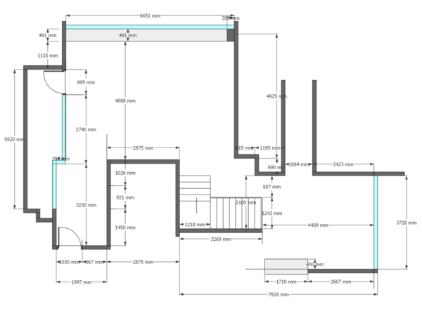 Detailed architectural blueprint featuring the layout and measurements of a modern home design. This architectural blueprint offers a meticulous breakdown of a modern home's design, presenting a clear and precise plan for construction or renovation. Each measurement is carefully annotated, providing exact specifications for every wall, room, and structural element. The linear dimensions are displayed in millimeters, ensuring that even the smallest details are accounted for, which is essential for the accuracy required in building and design. From the broad span of living spaces to the more intricate stairwell dimensions, the blueprint captures the essence of thoughtful and detailed planning that forms the foundation of a well-constructed home. It stands as a testament to the skillful art of architecture, where every line and number translates into a physical space designed for living.