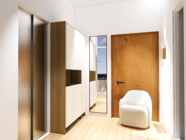 A modern entryway with warm wooden accents, a cozy white armchair, and frosted glass partitions creating a private yet inviting space. Step into a realm of contemporary elegance with this warmly lit entrance. The harmony between the minimalist design and the warm wooden textures invites a sense of calm and sophistication. To your left, frosted glass partitions promise privacy while softly diffusing the light that emanates from within. A sleek, white armchair offers a spot to pause and relax, its curvilinear form providing a modern twist to the space. The robust wooden door beckons with an allure of the warmth that lies beyond, while the streamlined cabinetry offers smart storage solutions without compromising on style. This entryway is not just a transition space; it's a statement of modern living where functionality and aesthetics coalesce seamlessly.