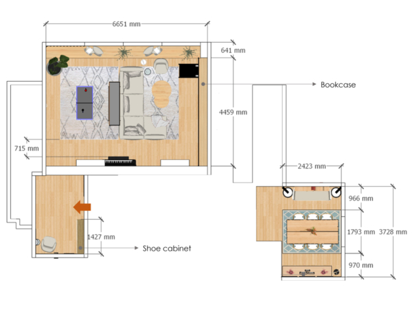 Colorful floor plan of a contemporary living space highlighting functional areas and stylish furnishings. This vibrant floor plan displays a contemporary living space that seamlessly integrates style with functionality. The careful arrangement of furniture, from the cozy seating area to the practical shoe cabinet, reflects a keen understanding of modern living needs. Design elements like the patterned rug and the strategic placement of greenery breathe life and warmth into the area, while the clear delineations of space ensure a sense of order and flow. This plan not only outlines the structural elements of a room but also encapsulates a lifestyle that values beauty and practicality in equal measure, promising a dwelling place that feels both welcoming and effortlessly chic.