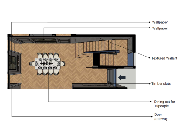 3D overhead layout plan of a dining room with herringbone flooring, timber slats, and textured wall art. This 3D layout plan showcases a contemporary dining room that marries modern design elements with classic comfort. The space is thoughtfully arranged to accommodate a dining set for ten, ideal for social gatherings or family dinners. The herringbone pattern of the flooring adds a touch of timeless elegance, while the timber slats and textured wall art inject warmth and texture, creating an inviting atmosphere. The strategic placement of each design element is intended to optimize movement and interaction within the space, ensuring that it is not only beautiful but also highly functional. This plan invites you into a dining experience that's both aesthetically pleasing and conducive to making memories.