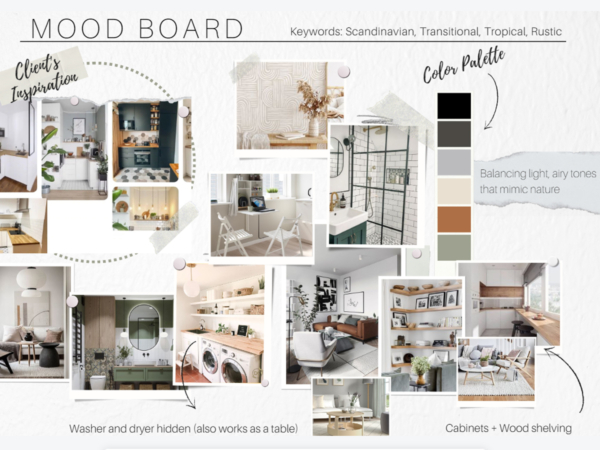 A mood board collage with various home interior inspirations highlighting Scandinavian, transitional, tropical, and rustic elements, including a color palette section. This mood board is an assemblage of design inspiration that beautifully marries Scandinavian simplicity with the warmth of rustic and tropical elements. It acts as a visual brainstorming tool that encapsulates the client's vision, showcasing airy, light-filled spaces that reflect a close connection to nature. The selected color palette is grounded in earthy neutrals and accented by the lush greens of tropical foliage, reinforcing the natural, organic vibe. Key features like hidden washers doubling as tables and open wood shelving underscore functionality without compromising on style. This mood board is an essential step in transforming a house into a personalized, cohesive home.