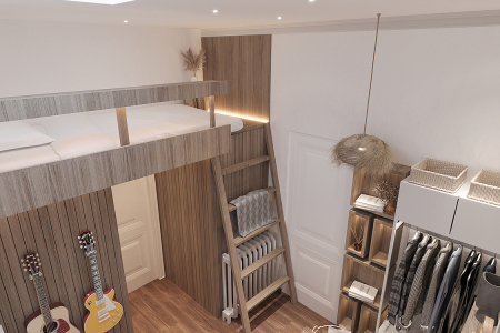 A 3D rendering of a modern loft bedroom design with a high bed, guitar wall mounts, and elegant storage. This image depicts a 3D rendering of a compact and modern loft-style bedroom. The raised bed platform maximizes the living space underneath, offering a cozy, tucked-away sleeping area. Accessible by a wooden ladder, the bed area is simplistic with a focus on functionality and comfort. Below, the room is creatively organized, featuring wall-mounted guitars that double as decor, a comfy chair for relaxation, and an array of shelves with neatly arranged books and ornaments. The wardrobe with open and closed storage exhibits a stylish organization system. Soft lighting enhances the warm wood textures and neutral tones, creating a welcoming ambiance. The overall design is an excellent example of efficient use of vertical space in a bedroom, ideal for music enthusiasts or those with limited floor space.