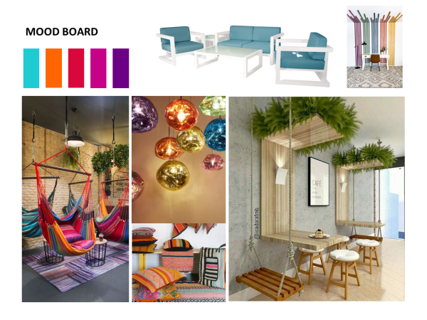 A mood board collage featuring a variety of vibrant and eclectic interior elements such as colorful hammocks, decorative lighting, modern furniture, and botanical accents. This mood board is a visual feast that captures the essence of eclectic interior design. It showcases a kaleidoscope of elements that spark joy and creativity, from the vivid stripes of hanging hammocks to the reflective orbs of glass pendant lights. Contrasting textures and materials come together harmoniously, with modern, clean-lined furniture pieces set against rustic exposed brick. Lush greenery brings a sense of freshness, crowning the bespoke wall-mounted tables and chairs. This collage is a roadmap for crafting spaces that are not just rooms but experiences, encouraging a blend of functionality with artistic flair, and inviting the imagination to take the lead in personal and shared environments.