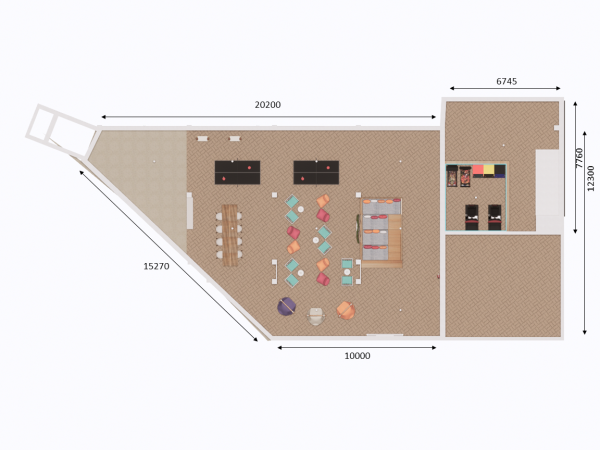 A detailed architectural plan of a modern collaborative workspace, featuring various seating arrangements and workstations. The architectural plan presents a well-thought-out design for a modern collaborative workspace. It's clear from the layout that there's an emphasis on flexibility and interaction among users. The space is cleverly divided into zones, with open tables for group projects, individual workstations for focused tasks, and cozy, informal seating areas for relaxation or impromptu meetings. The arrangement encourages a fluid exchange of ideas, where individuals can easily transition between solitary work and team collaboration. Strategic placement of furniture and the open concept layout ensure that natural light reaches every corner, enhancing the ambiance and fostering a welcoming, productive environment. This plan exemplifies modern work culture, where the physical space adapts to the dynamic needs of its occupants.