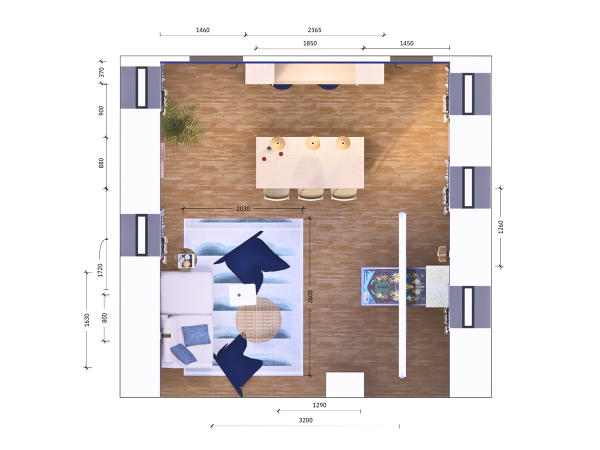 An overhead layout plan of a modern living room with furniture and décor placements. This detailed image is a top-down view of a modern living room floor plan, meticulously laid out to scale. The space is marked by clean lines and a minimalist aesthetic. At the center lies a sleek wooden dining table, surrounded by four stylish chairs, illuminated from above by a chic pendant light, capturing a convivial dining atmosphere. Adjacent to this dining area is a cozy lounge space, featuring a plush sofa adorned with patterned cushions, flanked by a matching armchair and accentuated with a decorative rug beneath. A contemporary coffee table sits in harmony with the seating ensemble, and adjacent to it is a smaller side table holding decorative elements that add a personal touch to the room. A potted indoor plant introduces a splash of greenery, bringing life and vibrancy to the space. The dimensions annotated around the layout give a clear understanding of the space's scale, ensuring that every piece of furniture and decor is purposefully placed to balance both aesthetics and function, while also highlighting the thoughtful design intended to create a serene and inviting living environment.