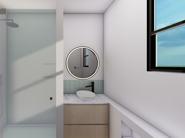 A sleek, modern bathroom design featuring a circular backlit mirror over a simple vanity with green subway tiles and a large window inviting natural light. This modern bathroom design is a blend of simplicity and sophistication. A circular mirror with a soft backlight provides ample illumination while contributing to the airy and fresh ambiance. Below it, the vanity is straightforward in design with clean lines and a natural wood finish that grounds the space. Green subway tiles deliver a hint of color and texture, enhancing the serene vibe. The presence of a large window frames a view of the clear sky and allows for an abundance of natural light, making the space feel larger and more open. The design is a testament to modern elegance with a touch of nature-inspired hues.
