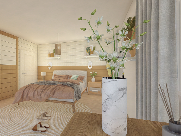 A cozy bedroom features a textured white wall with wooden accents, a large bed with plush terracotta bedding, and a striking marble vase with white flowers. This inviting bedroom harmonizes contemporary elegance with natural elements. The room is bathed in a warm, natural light that enhances the textured white wallpaper and the wooden wardrobe and door, creating a cohesive and serene space. Centrally placed on a circular jute rug, the large, comfortable bed is dressed in luxurious terracotta bedding with a rich, textured throw, complemented by crisp white sheets and accented pillows. Bedside, contemporary wall-mounted lights provide a soft glow, ideal for evening reading. A touch of sophistication is added with a sleek, tall marble vase on a modern side table, showcasing an arrangement of delicate white flowers that inject life and vibrancy into the room. Heavy grey curtains frame the window, offering both privacy and a tranquil backdrop for the natural wood nightstand that holds minimalist decor and everyday essentials. This bedroom is a carefully curated blend of comfort, style, and tranquility, perfect for rest and rejuvenation.