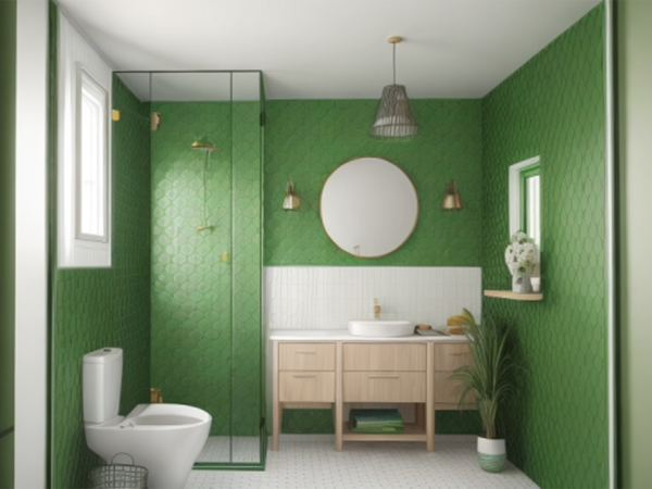 A fresh and modern bathroom with vibrant green tiles, gold fixtures, and a wooden vanity. The image showcases a fresh and modern bathroom design that exudes vibrant elegance. The walls are adorned with rich emerald green tiles featuring a unique hexagonal pattern that provides both texture and a jewel-toned backdrop. The glass-enclosed shower area, with its sleek gold fixtures, complements the tiles and adds a touch of luxury. A wooden vanity with a clean, contemporary design offers warmth and natural texture against the bold green. It is topped with a white countertop and an above-counter basin, maintaining a modern and minimalist vibe. Gold accents continue with the taps and the minimalist wall sconce, which tastefully match the shower fixtures. The circular mirror above the vanity enhances the sense of space and reflects the room’s natural light, coming from a window adorned with simple, elegant blinds. A hanging rattan lampshade adds an organic touch overhead, while potted plants bring life and a breath of nature into the space. This bathroom strikes a perfect balance between modern flair and natural elements, creating a space that is both invigorating and inviting.