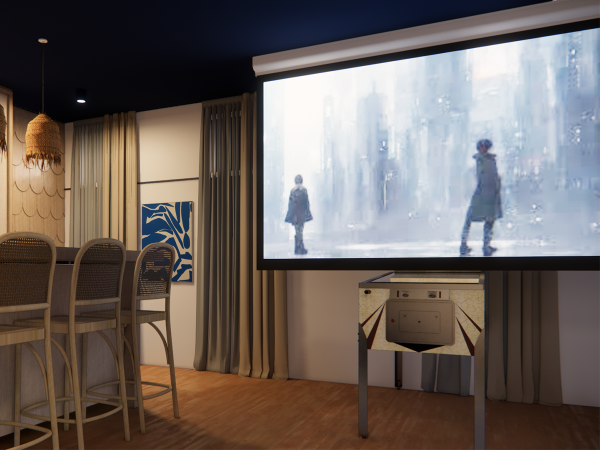 A home cinema scene with a large screen showing a rain-drenched cityscape, flanked by natural-toned furnishings and artistic decor. This image captures a captivating home cinema space, designed to create an immersive viewing experience. A projector screen dominates the room, showcasing a dramatic, rain-slicked city scene that offers a glimpse into a cinematic world. The room is tastefully furnished with natural tones, featuring elegant woven bar stools lined up in front, offering comfortable seating. To the left, a sophisticated piece of blue and white abstract art adds an artistic touch to the room, complementing the cool, cinematic tones on the screen. Warm, textured pendant lighting hangs from the ceiling, casting a soft glow that enhances the ambiance without detracting from the screen's glow. Curtains in muted tones frame the cinematic display, softening the room's acoustics and contributing to the cozy yet refined atmosphere. The room's design carefully balances aesthetic appeal with functional design, making it a perfect retreat for film enthusiasts and a testament to contemporary home design that values both form and function.