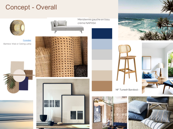 Collage of a coastal-themed design mood board featuring furniture, color swatches, and accessories. The image presents a serene and tastefully curated coastal-themed mood board that encapsulates the essence of seaside living. Central to the theme is a color palette that draws from the shades of the ocean, sandy beaches, and coastal flora, with hues of deep navy, sky blue, warm beige, and soft white. The furniture selections are rooted in natural materials and clean lines: a modern Méridienne sofa in cream fabric, a bamboo wall or ceiling lamp showcasing organic design, and the NF Tunesh barstool with its natural wood frame and woven seat. Accents like the textural contrast of rattan baskets, a framed minimalist art print, and a sleek circular mirror with a foliage ornament bring a touch of elegance and an organic feel to the ensemble. An image of a tranquil beach with waves lapping the shore invokes a sense of calm and connectivity to nature. Together, these elements suggest a design approach that marries comfort with chic, contemporary lines, reflecting a light, airy, and inviting space that resonates with the tranquility of coastal landscapes.