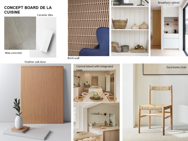 A concept board showcasing various materials and furniture for a modern rustic kitchen design. ChatGPT "Concept Board de la Cuisine" unfolds a harmonious blend of modern and rustic elements for a kitchen that's as chic as it is welcoming. It features 'Wax concrete' for a touch of industrial durability and pristine 'Ceramic tiles' for a versatile backdrop. The 'Feather oak door' infuses warmth with its natural grain, complementing the textured depth of a 'Brick wall'. A minimalist 'Breakfast cabinet' offers sleek functionality, while the 'Central island with integrated table' stands as the social heart of the kitchen. Rounding off the design is a stylish 'Zara home chair' with a woven seat, perfect for pairing with the island or a cozy dining corner. This concept board weaves together durable materials, functional design, and rustic textures to envision a kitchen that's both inviting and impeccably styled.