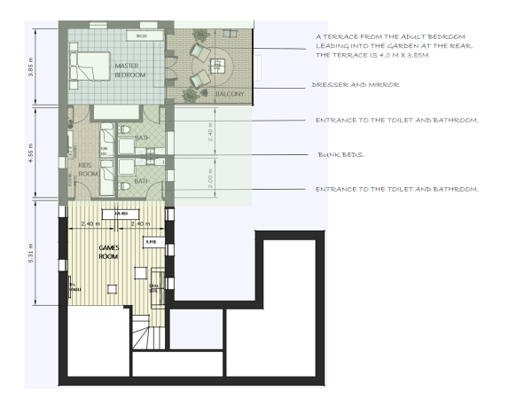 An architectural floor plan highlighting a master bedroom with a terrace, kids' room with bunk beds, two bathrooms, and a large games room. This detailed architectural floor plan reveals a family-friendly home designed for comfort and interaction. The layout includes a master bedroom, which is a spacious retreat for adults, featuring a private terrace that offers serene views of the garden, perfect for morning coffee or evening relaxation. The dimensions of the terrace are a generous 4.0 m by 3.85 m, promising ample outdoor living space. Adjacent to the master bedroom is a convenient dresser and mirror setup for daily preparations. The kids' room is practical and fun, with bunk beds to maximize floor space and encourage play. Each bedroom has its own easy access to a well-appointed bathroom, ensuring privacy and convenience for family members. The home is designed with togetherness in mind, with a large games room situated centrally. This space is ideal for entertainment, featuring a pool table and ample room for other activities, which makes it the heart of family fun. Throughout the home, the use of space is optimized for both individual privacy and communal engagement, making it an ideal setting for a dynamic family life.