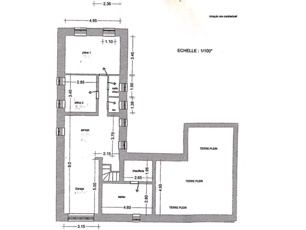 Architectural blueprint of a two-room home layout with adjoining bathroom, extensive garage space, and a workshop area. The architectural blueprint presents a compact and efficient layout of a residential structure, scaled at 1/100°. This pragmatic design is oriented to maximize the use of available space while ensuring functionality in everyday living. The floor plan reveals two main living spaces, labeled pièce 1 and pièce 2, offering a clear division for designated activities within a cozy environment. Each room is strategically sized, with pièce 1 measuring 4.95 meters by 2.85 meters and pièce 2 slightly smaller, allowing for essential furniture and comfortable movement. Adjacent to the living spaces is a well-placed salle d'eau with an accompanying WC, demonstrating a sensible approach to the arrangement of sanitary facilities within a compact dwelling. A notable feature of this layout is the ample garage space, which spans a length of 5 meters and includes an additional zone marked as 'atelier', suggesting a dedicated area for workshop activities or extra storage. The heating system room, labeled as 'chaufferie', is smartly positioned next to the garage, indicative of a thoughtful design to maintain the efficiency of residential services. The blueprint also hints at future expansion or outdoor recreational possibilities with indications of 'terre plein', which can be interpreted as an outdoor flat area or a solid ground foundation for future development. This design caters to practical living with an emphasis on maximizing the utility of every square meter, reflecting a down-to-earth approach to residential architecture.