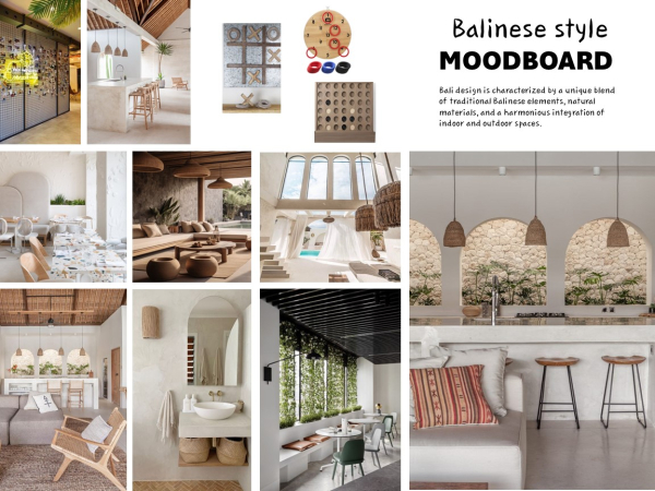 Collage of images showcasing Balinese design elements including rattan furniture, natural textures, serene white dining setups, and lush greenery integrated with indoor spaces. This meticulously curated moodboard presents a cohesive vision of Balinese style interior design. It's a visual symphony that speaks to the soul of Bali's traditional aesthetic. Each image is a testament to the island's philosophy of living harmoniously with nature. From the tactile pleasure of hand-woven rattan furniture to the earthy warmth of wooden bowls and accessories, the natural textures evoke a sense of grounding and connection to the earth. White dominates the color scheme, not as a void, but as a canvas that allows every element to shine — from the elegant drapery to the architectural curves of the built environment. This moodboard transcends mere decoration; it is an invitation to a lifestyle that embraces tranquility, natural beauty, and the fluidity between indoor and outdoor living. It's a call to create spaces that are not just seen but felt, environments that embody peace and natural elegance.
