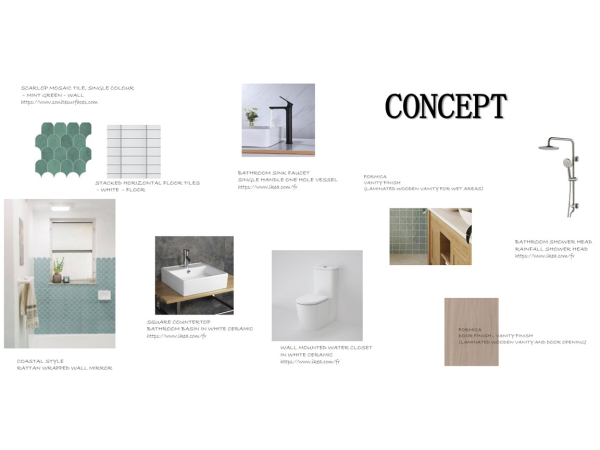 A design concept board for a bathroom, featuring mint green scallop mosaic wall tiles, white stacked floor tiles, a square countertop basin, wooden vanity finishes, and a rainfall shower head. This image showcases a polished and contemporary bathroom design concept board, highlighting a selection of materials and fixtures to create a tranquil and stylish space. At the top left, the board presents scallop mosaic wall tiles in a soothing mint green, promising to add a splash of coastal elegance to any bathroom. Beneath this, stacked horizontal floor tiles in a crisp white offer a clean and minimalist base. The focal point of the board is a sleek square countertop basin in pristine white ceramic, set against the textured backdrop of a laminate wooden vanity finish by FORMICA, designed specifically for wet areas. To the right, the concept includes a modern wall-mounted water closet in white ceramic, providing a streamlined look while maximizing floor space. The design is completed with a rainfall shower head, promising a luxurious and refreshing shower experience. This mood board encapsulates the essence of coastal serenity combined with modern functionality, aiming for a bathroom that's both practical and a haven of relaxation.