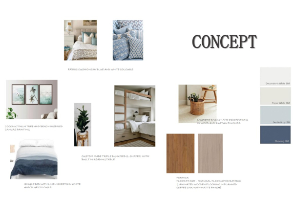 A collage of interior design elements including fabric cushions, canvas paintings, a bunk bed, linen sheets, a laundry basket, and wood samples. This image showcases a serene and inviting mood board for home interior design, titled 'CONCEPT'. It brings together a harmonious palette of blues and neutrals, with textures and materials that inspire calm and comfort. The upper left features plush fabric cushions in blue and white, creating a coastal vibe, while adjacent to it, a series of canvas paintings evoke a serene beach atmosphere with images of coconut palm trees. Below, a verdant potted plant adds a touch of organic greenery. On the right, practical elements like a woven laundry basket and wooden decorations suggest a blend of functionality with rustic charm. The centerpiece is a custom-made triple bunk bed (L-shaped) with a built-in reading table, exemplifying smart, space-saving design. Complementing fabric textures are displayed with single-bed linens in white and blue hues. The mood board is also a guide to material finishes, presenting samples of natural floor spice bamboo and planked coffee oak with a matte finish from FORMICA, laying the foundation for a cohesive and aesthetically pleasing space.