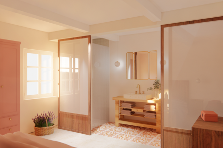 A warm and inviting bathroom featuring a rustic wooden vanity, sliding glass partitions, eclectic mirrors, and a touch of shabby chic with soft hues and floral accents.
