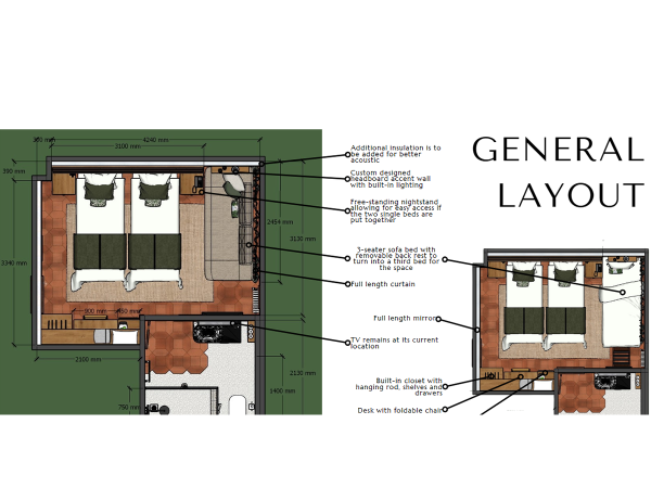 Floor plan of a contemporary mountain-style hotel bedroom showcasing two single beds, a 3-seater sofa bed, and custom built-in amenities.
