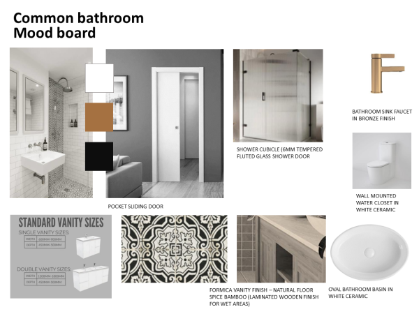 A visual mood board showcasing design elements for a bathroom renovation, including a pocket sliding door, a fluted glass shower door, a bronze faucet, and a black and white tile pattern.