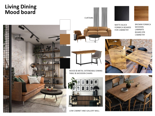 A visual mood board showcasing design elements for a living and dining room, including a leather sofa, wooden dining table, and black metal accents.
