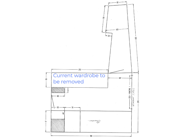 Blueprint of a room layout with dimensions, highlighting the existing wardrobe marked for removal as part of a renovation plan.