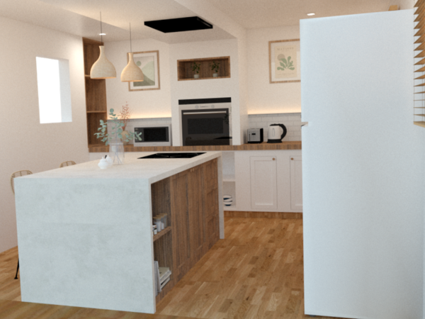 A modern kitchen with white cabinets, wood countertops, and a large island with bar stools.