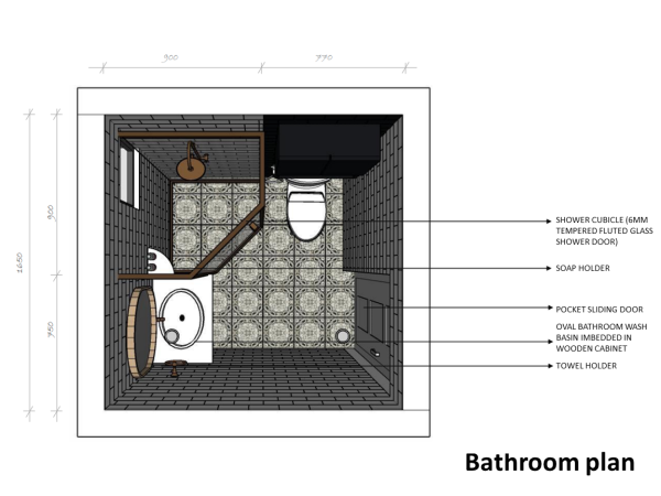 A floor plan of a common bathroom, showing a shower cubicle, toilet, vanity with an oval sink, and patterned tile floor.