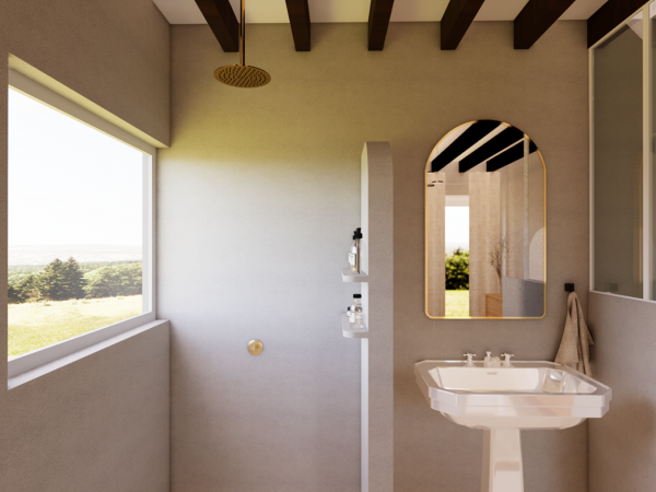 A minimalist bathroom with a large window, a freestanding bathtub, and a gold-framed mirror.