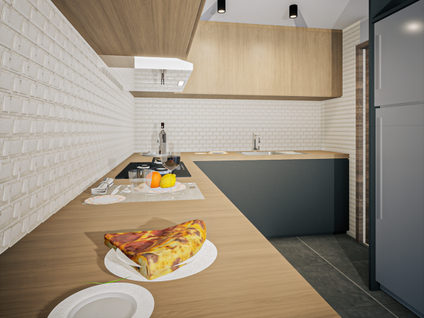 A modern kitchen with a white brick tile backsplash, wooden cabinets, and a dark countertop.