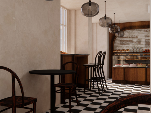 A 3D rendering of a bakery interior, showcasing a counter with pastries, a seating area with tables and chairs, and a checkered tile floor.