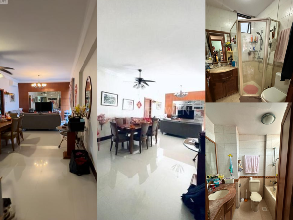 A collage of images showing different rooms of a dated apartment, including a living room, dining room, and bathrooms.